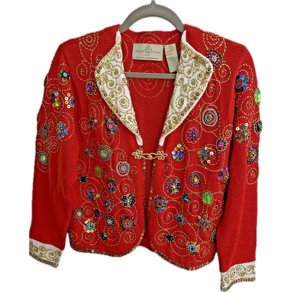 Vintage Design Options Philip Jane Gordon Red Jeweled Beaded Christmas Cardigan